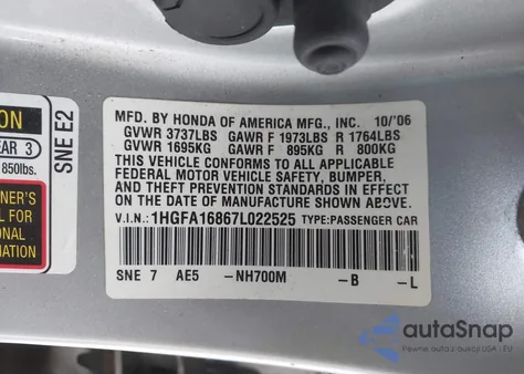 2007 Honda Civic Ex from USA, damaged, VIN 1HGFA16867L022525